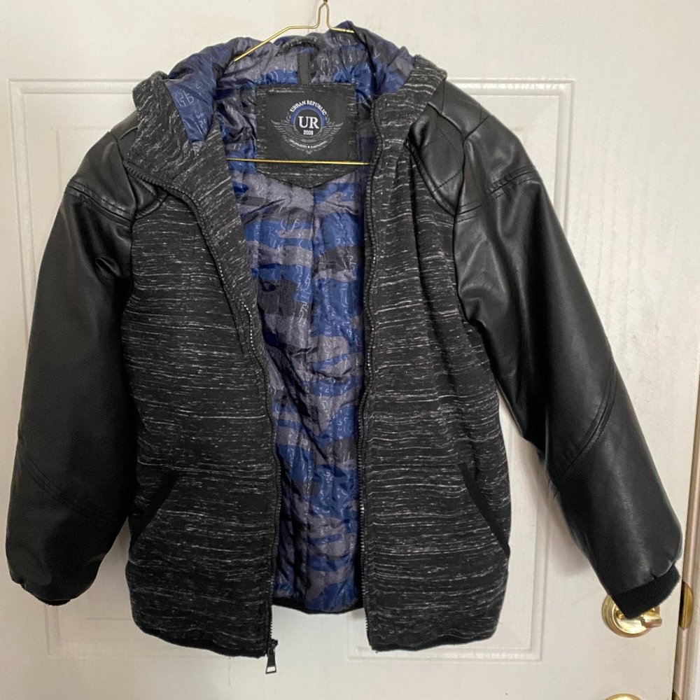 Urban Republic Boys Dark Gray Faux Leather Sleeves Hooded Jacket M 10/12